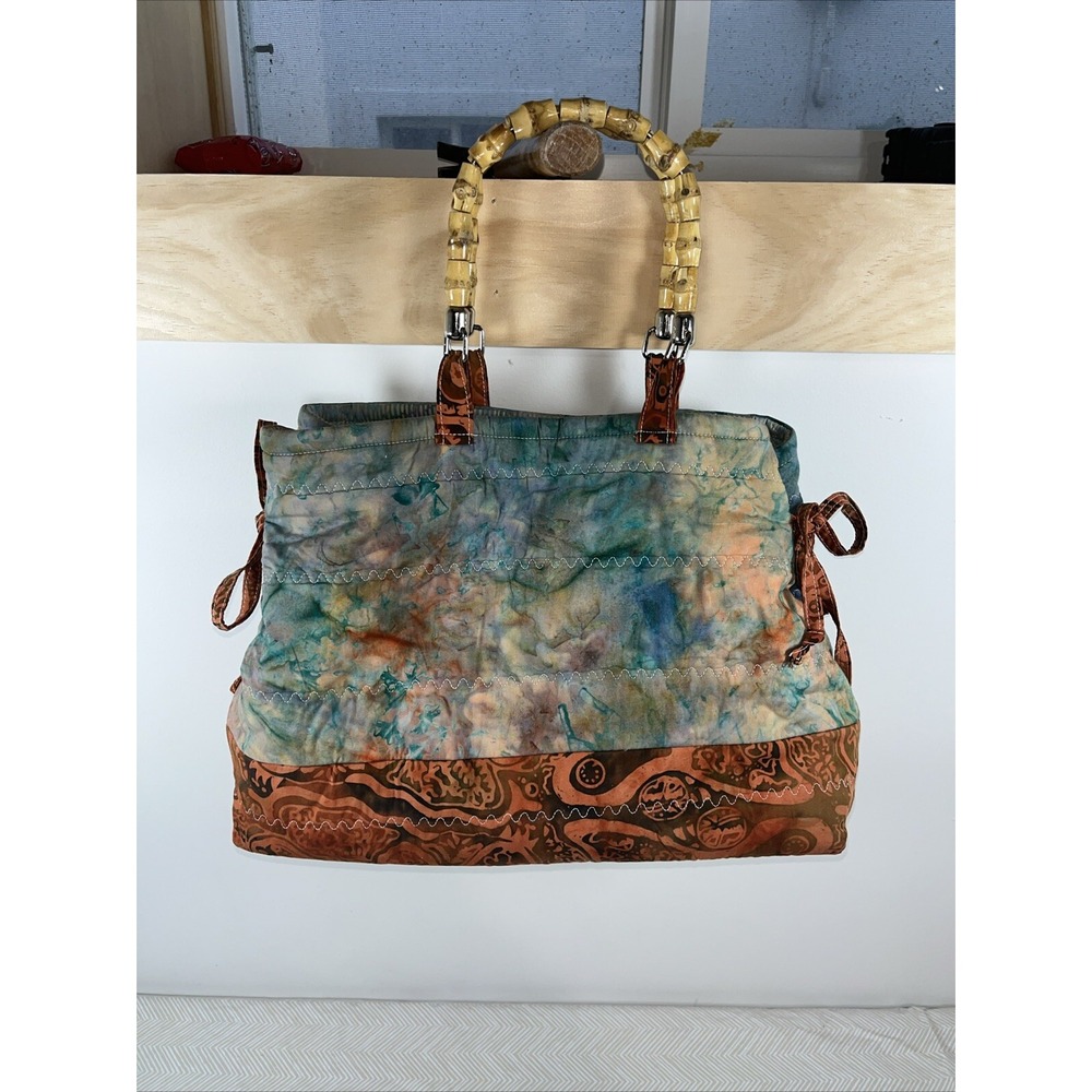 Handmade Boho Tote Beach Bag Orange Tie Dye Bamboo Handles Quilted Unique Trendy